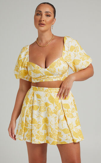 Keshini Two Piece Set - Linen Look Crop Top and Mini Skirt in Yellow Leaf