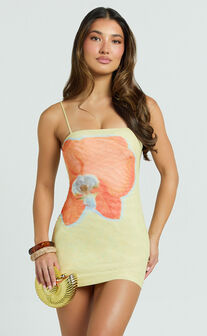 Aretta Mini Dress - Strappy Fitted Placement Mesh Print Dress in Orchid Print