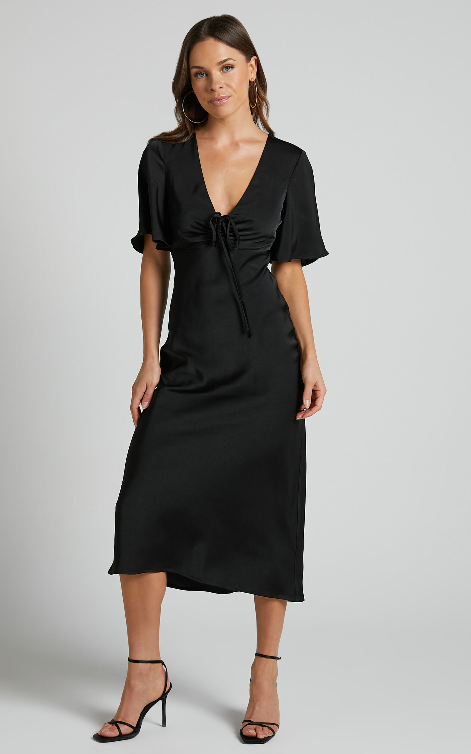 Nicholla Midi Dress - Ruched Front Angel Sleeve Slip Dress in Black - 04, BLK7
