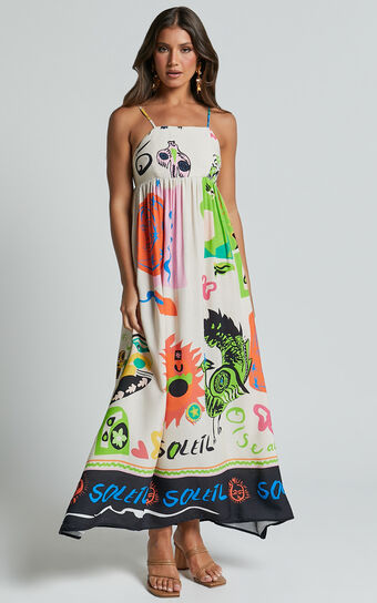Jelena Midi Dress - Straight Neck  Sleeveless  A Line Dress in Summer Holiday Print