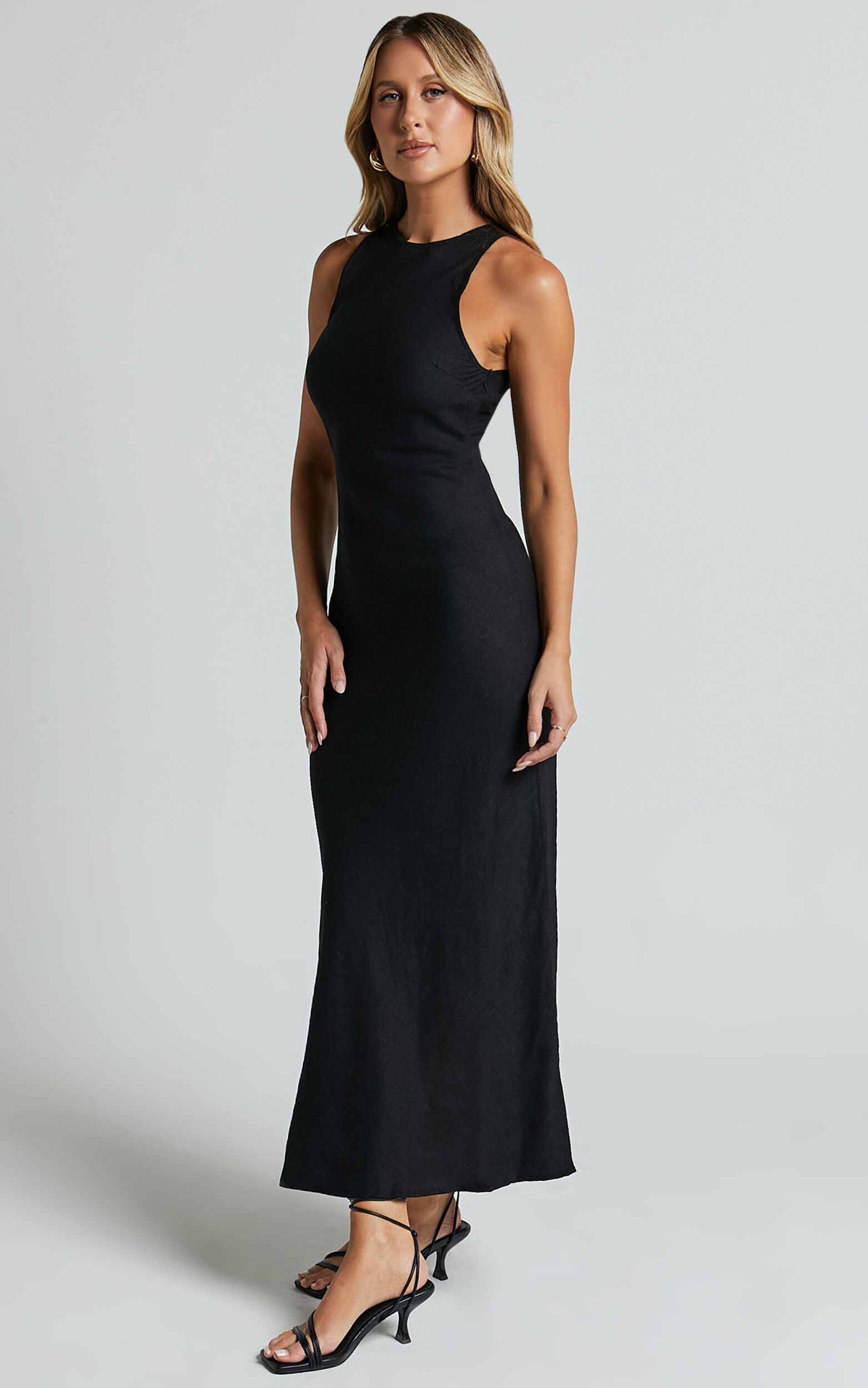 Fernley Midi Dress - Linen Look Racer Neck Slip Dress in Black | Showpo USA