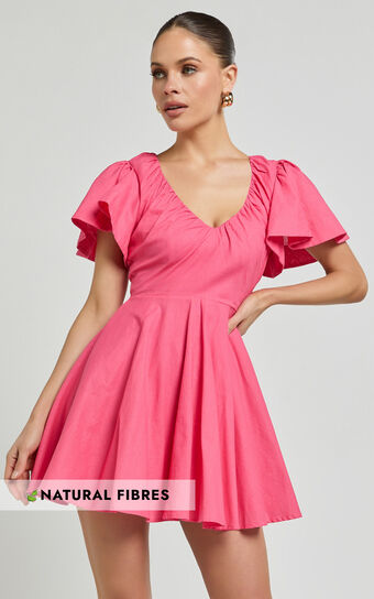 Carli Mini Dress - Linen Look Ruched Bodice Bell Sleeve Dress in Pink