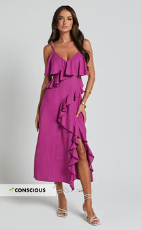 Pearline Midi Dress - Linen Look Frill Detail Thigh Split Slip Dress in Grape