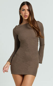 Brenda Mini Dress - Boat Neck Rib Knit Bodycon Dress in Mocha