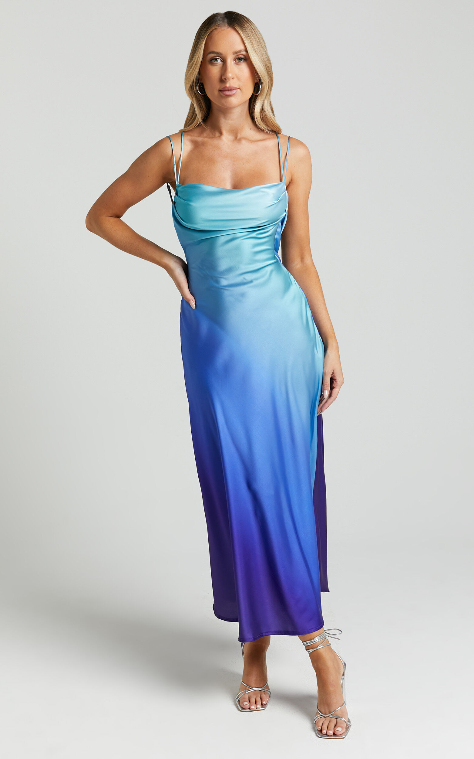 Sumara Midi Dress - Cowl Neck Satin Dress in Blue Ombre - 06, BLU1