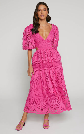 Anieshaya Midi Dress  V Neck Cut Out Lace in Pink