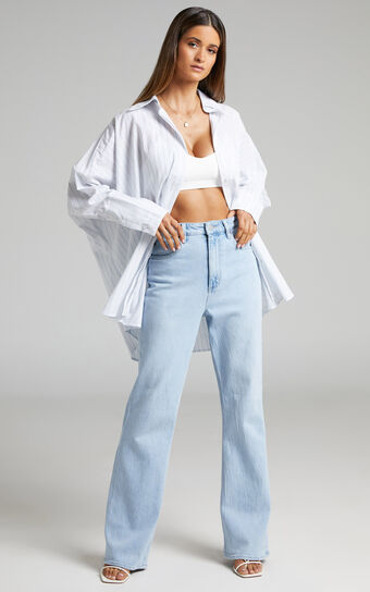 Eily Pinstripe Oversized Button Up Shirt in White & Blue