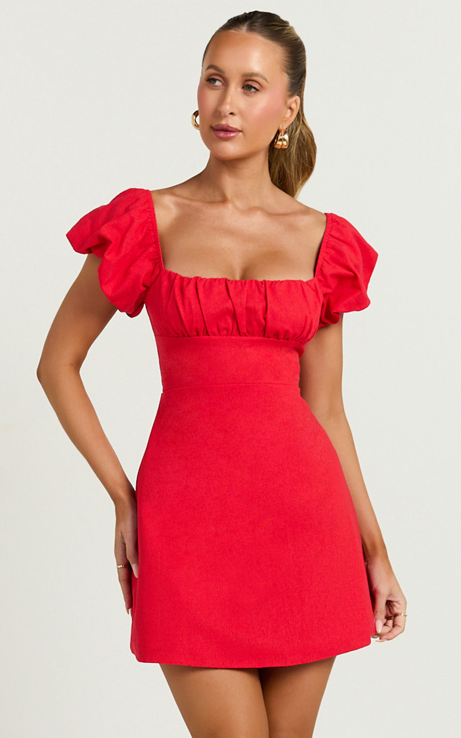 Ginny Mini Dress - Square Neck Ruched Bodice Puff Sleeve Straight Dress ...