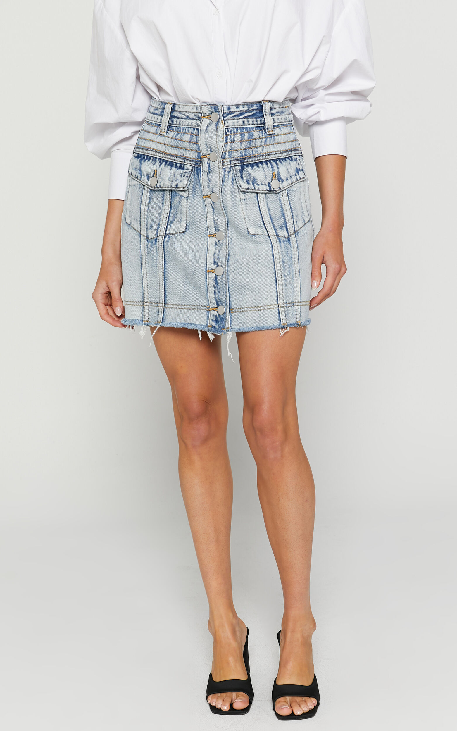 Gennlee Mini Skirt - Cotton Contrast Denim Skirt in Light Wash