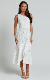 Beth Midi Dress - One Shoulder Ruffle Hem Lace Dress in White | Showpo