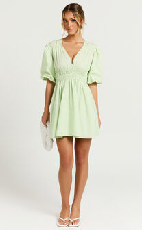 Francesca V Neck Puff Sleeves Mini Dress in Green