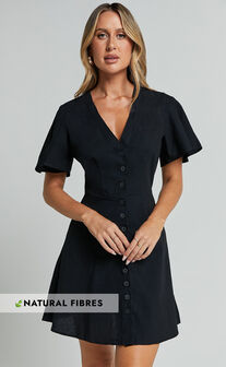 Sahar Mini Dress - Flutter Sleeve Button Through Dress in Black