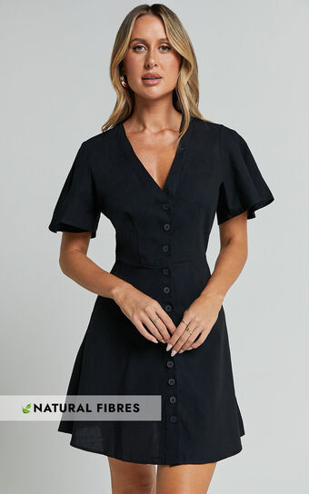 Sahar Mini Dress - Flutter Sleeve Button Through Dress in Black
