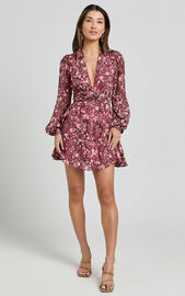 Eleanor Mini Dress - Plunge Twist Front Jacquard Dress in Wine Floral ...