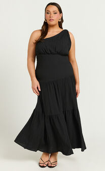 Celestia Midi Dress - Tiered One Shoulder Dress in Black