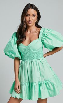 Rhiza Mini Dress - Sweetheart Puff Sleeve Flare Dress in Mint