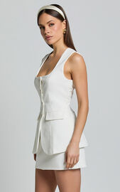 Phyllis Two Piece Set - Tailored Scoop Neck Vest Top and A Line Mini Skirt Set in White | Showpo USA