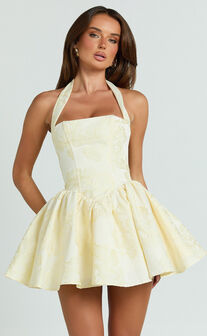 Maddy Mini Dress - Square Neck Halter Fit And Flare Dress in Lemon