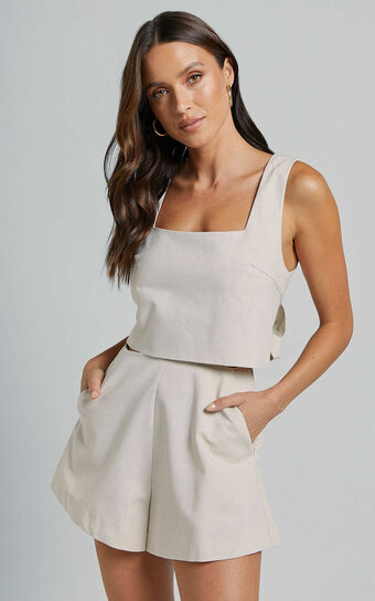 Salvador Two Piece Set - Linen Look Sleeveless Crop Top and High Waisted Tailored Shorts in Oatmeal