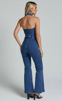 Casidy Jumpsuit - Zip Front Collared Halter Neck Denim in Mid Blue Wash