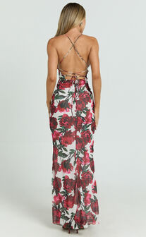 Lenny Maxi Dress - Bias Slip Lace Up Back Dress in Rose Blanca Floral