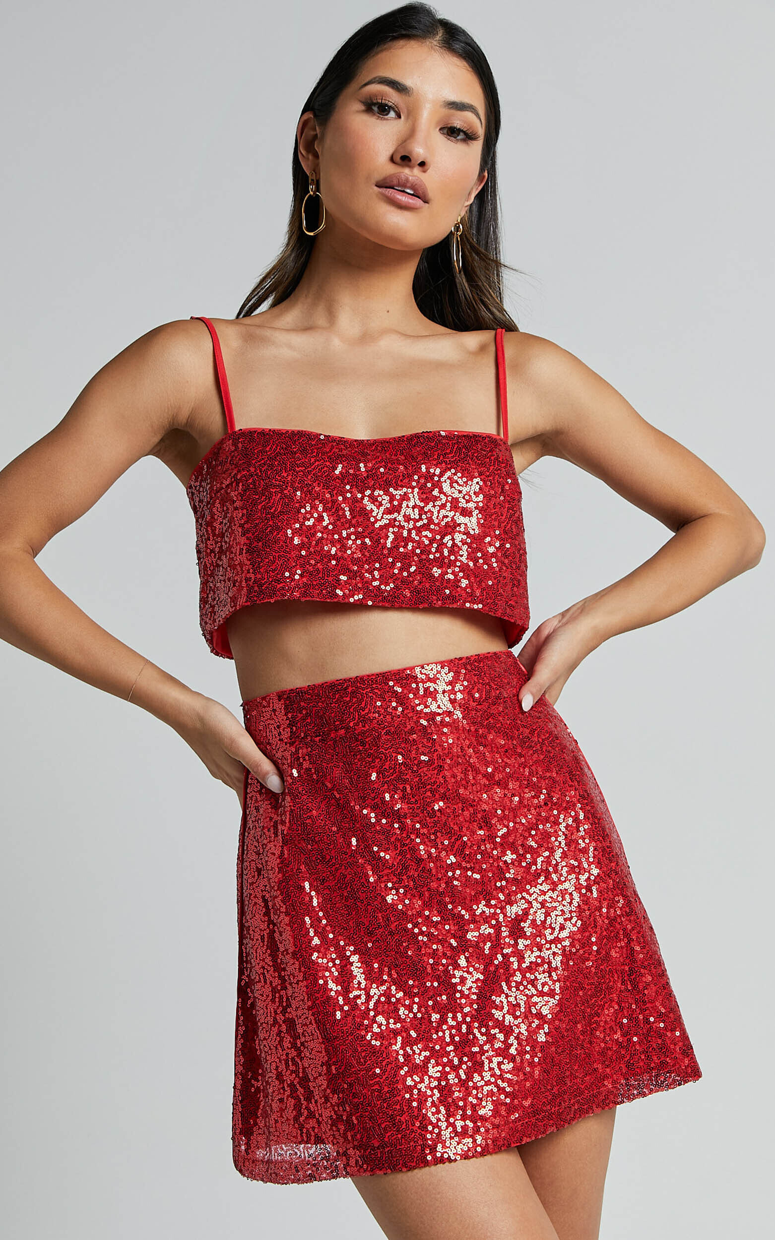 Elswyth Mini Skirt Side Split Sequin Skirt in Red Showpo