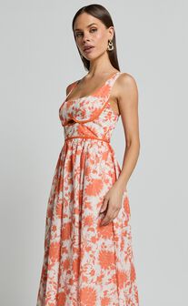 Chira Midi Dress - Front Cut Out Thigh Split Dress in Orange Floral