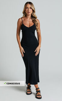 Delaina Midi Dress - Linen Look Strappy V Neck Bias Cut Slip in Black