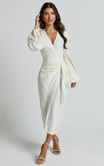 Taylor Midi Dress - Long Sleeve Wrap Dress in White Showpo