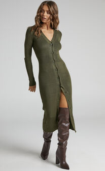 Leahanna Midi Dress - Button Front Knit Dress in Olive