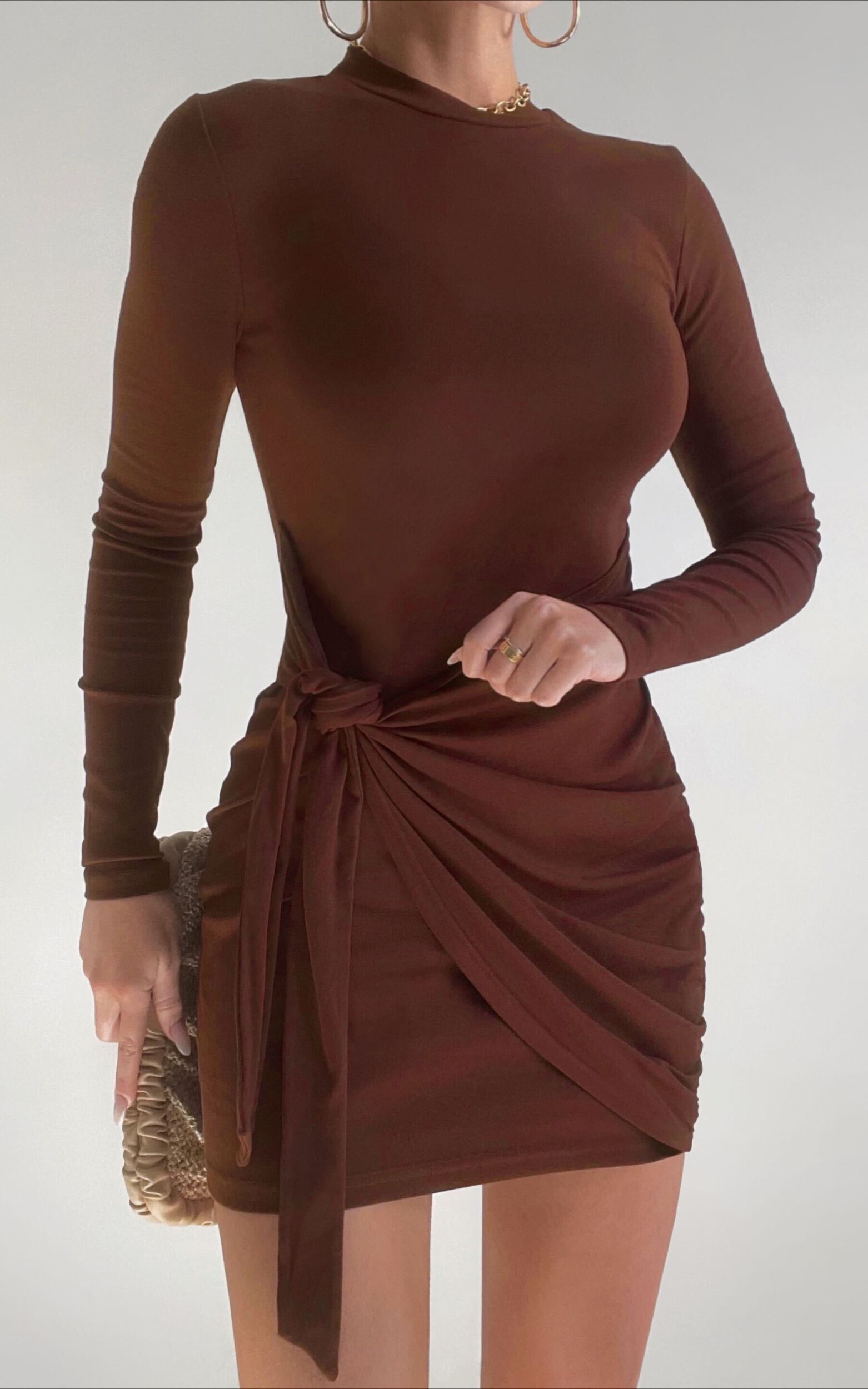 Marleen Mini Dress Wrap Front Long Sleeve Bodycon Dress in Dark Oak