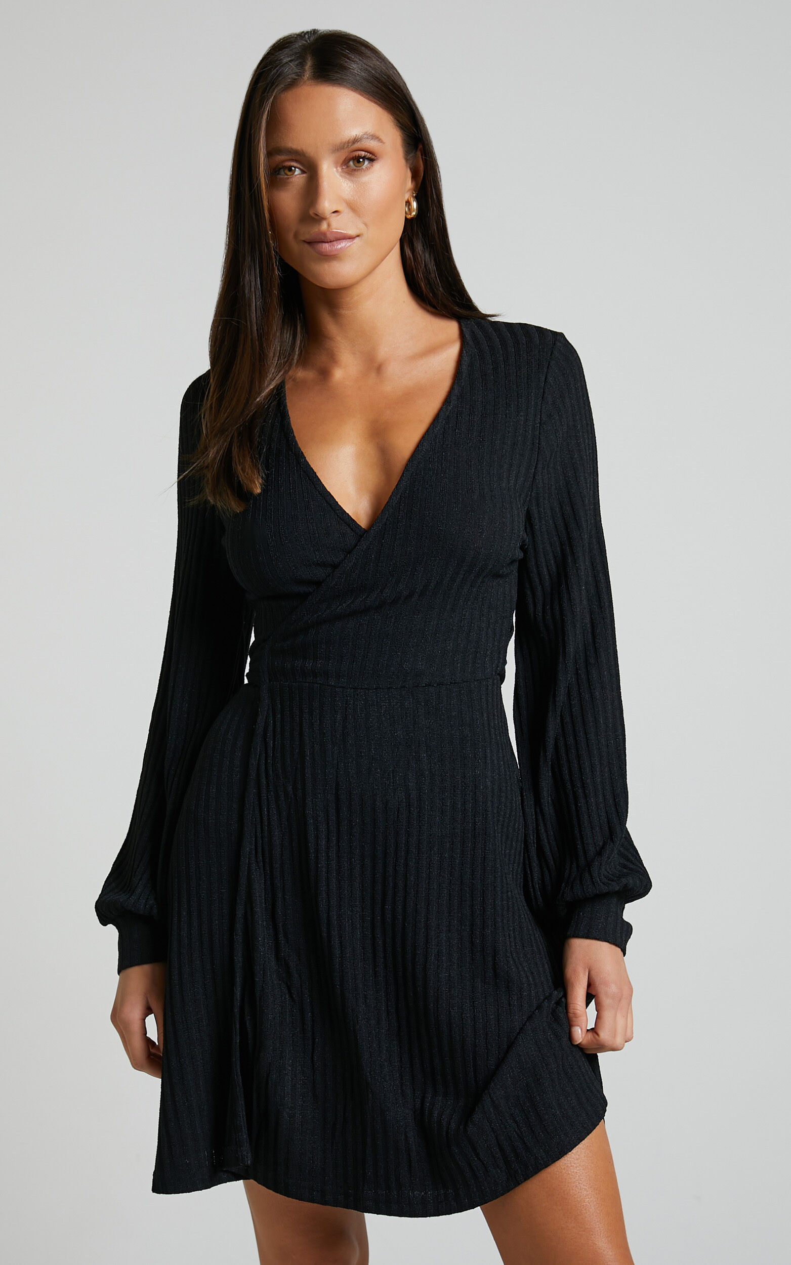 Black long sleeve sale wrap mini dress