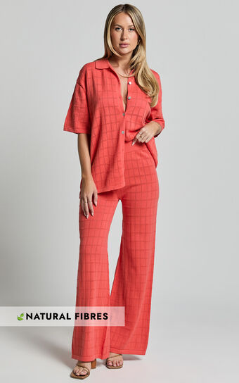 Tommy Two Piece Set - Knit Button Through Top and Pants Two Piece Set in Coral