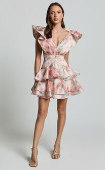 Amalie The Label - Layla Jacquard Flutter Sleeve Tiered Mini Dress in Blush