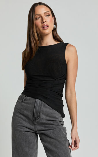 Alexis Top - Boat Neck Ruched Asymmetric Mesh Top in Black