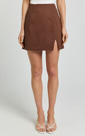 Mindy Mini Skirt - Linen Look A Line Side Split Skirt in Brown | Showpo EU