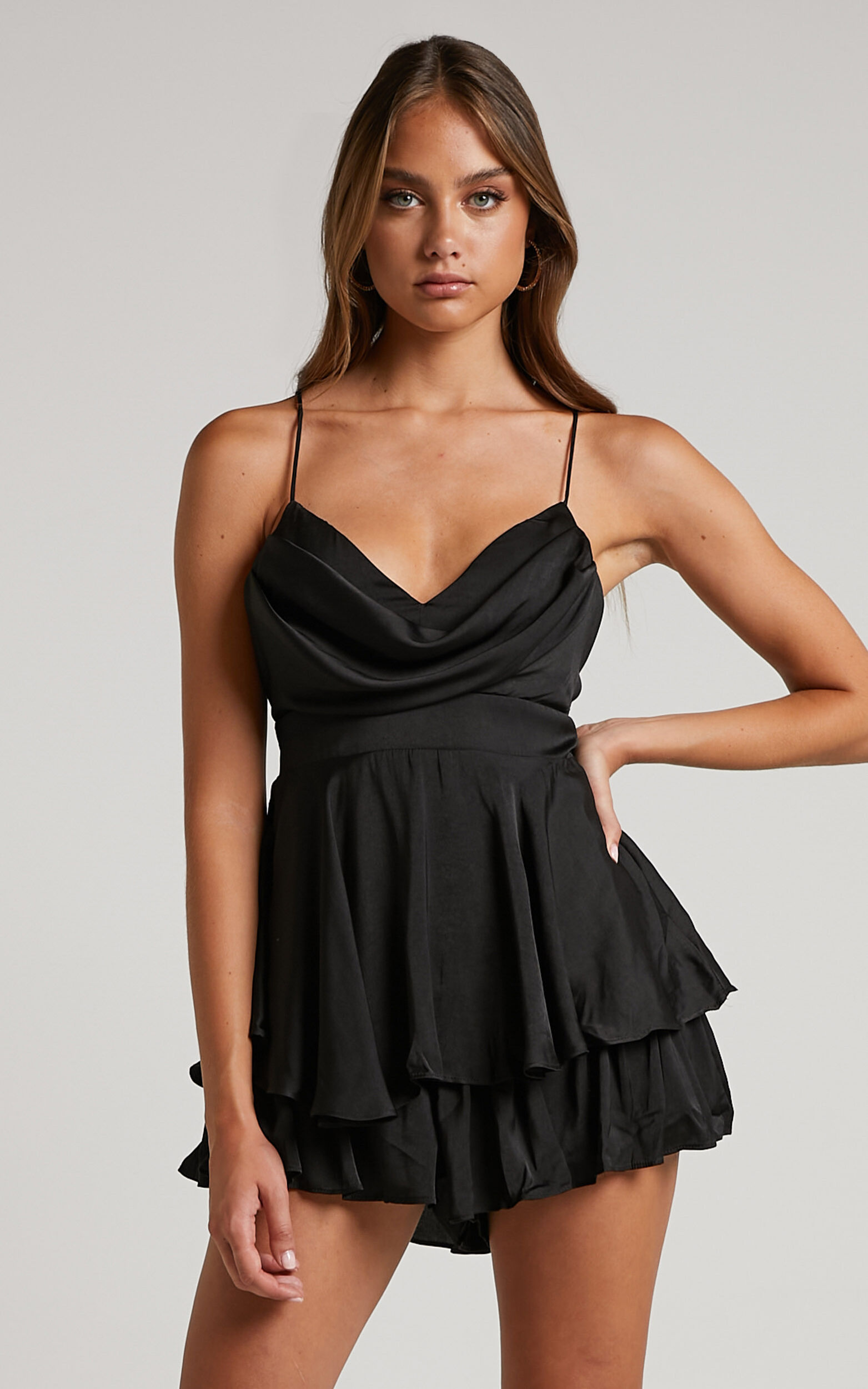 Delany Playsuit - Cowl Neck Layered Frill Playsuit in Black - 06, BLK1