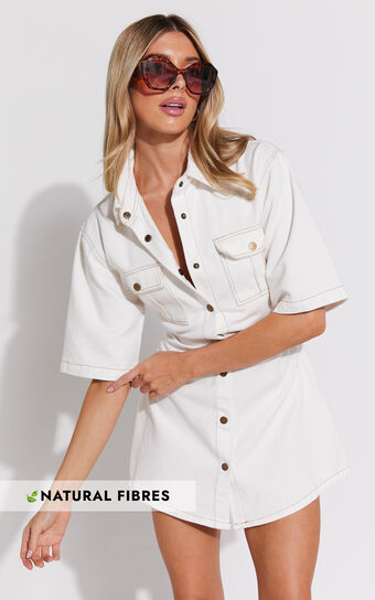 Leilani Mini Dress - Denim Short Sleeve Button Up Dress with Gold Hardware in ECRU