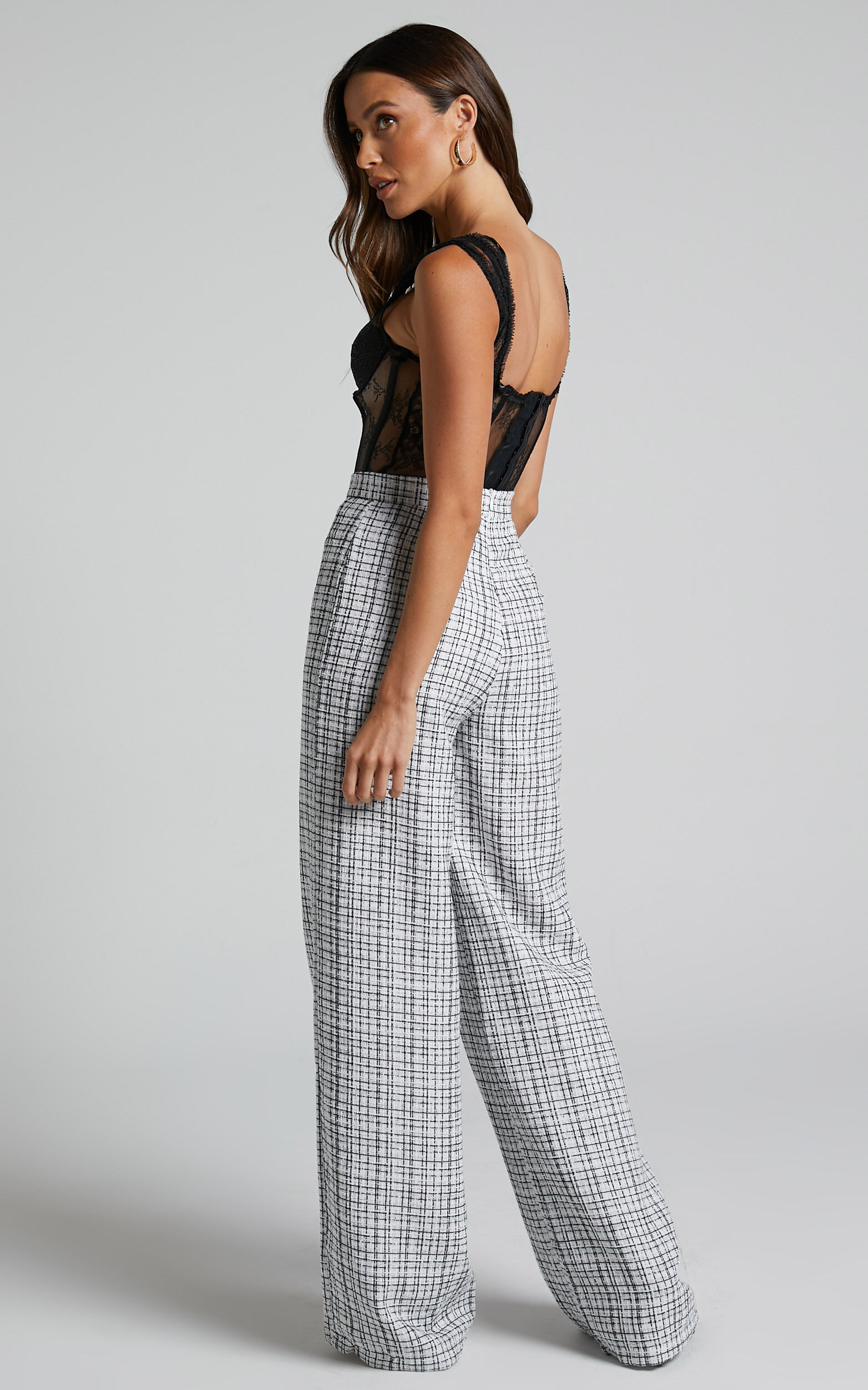 Icie Pants High Waisted Tweed Wide Leg Pants in White Black
