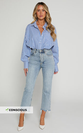 Zelrio Jeans - High Waisted Recycled Cotton Cropped Denim Jeans in Mid Blue Wash Showpo