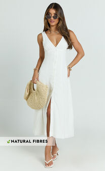 Zula Midi Dress - V Neck Sleeveless Under Bust Seam Circular Skirt Dress in White
