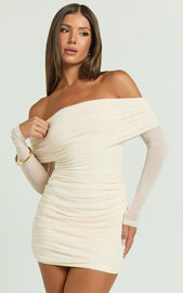 Clyde Mini Dress - Mesh Off Shoulder Ruched Bodycon Dress in Cream | Showpo EU