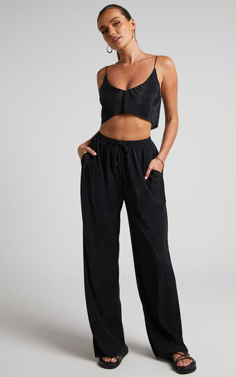 Elowen Two Piece Set - Plisse Crop Top and Relaxed Wide Leg Pants Set in Black