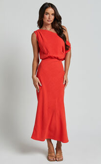 Jacqueline Midi Dress - Linen One Shoulder Dress in Sunset