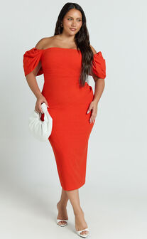Lohan Midi Dress - Off Shoulder Puff Sleeve in Orange