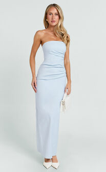 Jamie Midi Dress - Strapless Ruched Fitted Column Dress in Blue