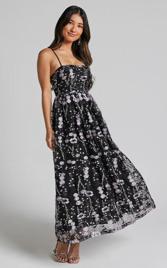 Adeje Maxi Dress -Aline Embroidered Tulle Dress in Black and Purple Floral