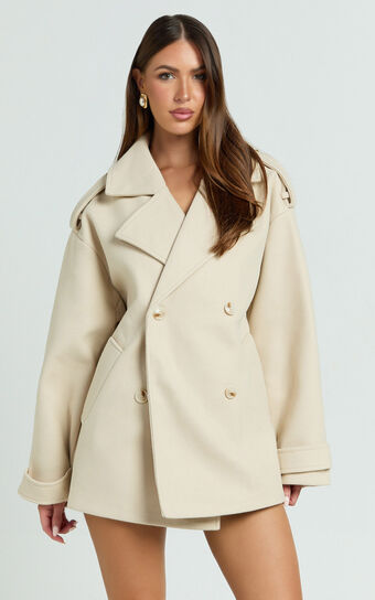 Adriana Coat - Double Breasted Short Wool Like Coat in Cream