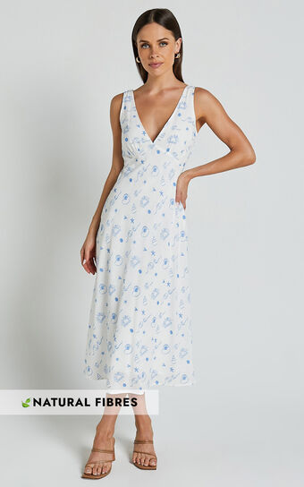 Becca Midi Dress - Ruched Bust Sleeveless V Neck Dress in Blue Print No Brand