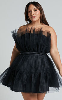 Amalya Mini Dress - Tiered Tulle Fit and Flare Dress in Black